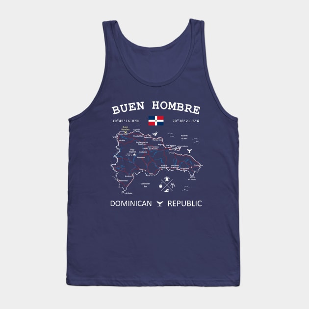 Buen Hombre Dominican Republic Flag Travel Map Coordinates GPS Tank Top by French Salsa
